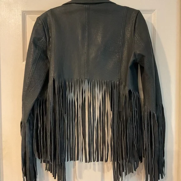 Top Shop Kate Moss leather dark blue navy fringe jacket sz 6 - Picture 2 of 8